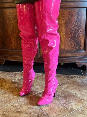 Pleaser Patent Leather Wide Leg Hot Pink Thigh High Boots Size 7